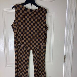 KYOYO Brown Checkerboard 2 Piece Set Flare Pants Outfit Size L